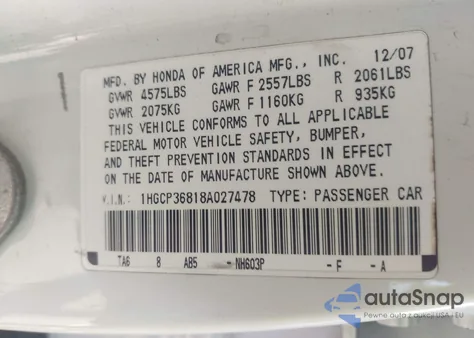 2008 Honda Accord 3.5 Ex-L z USA, uszkodzony, nr VIN 1HGCP36818A027478